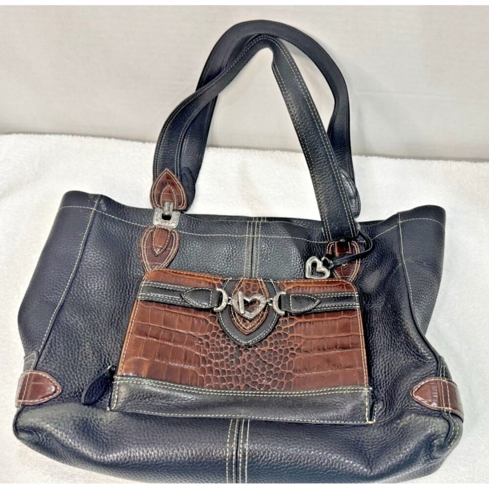 Brighton Medium Leather Tote Black Pebbled/Brown Croc Purse 14.5W x 12.5T
